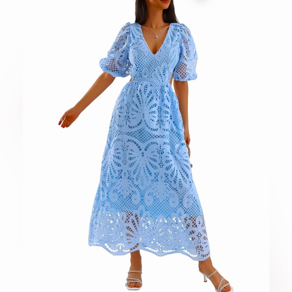 *SOLD* 2for$24 Unbranded Maxi Deep V-Neck Puff Sleeve Backless Hollow Lace Dress